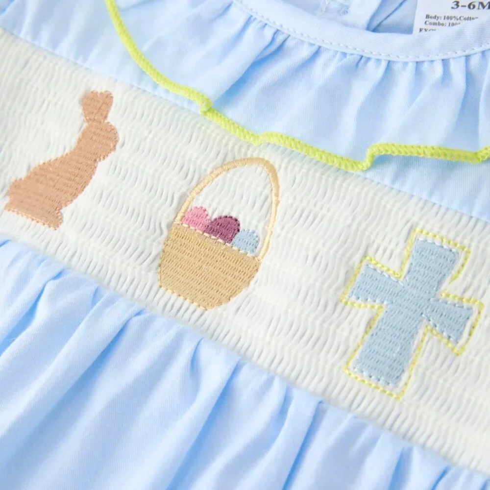 Boutique Easter Bunny Rabbit Baby Girls Embroidered Smocked Romper Jumpsuit